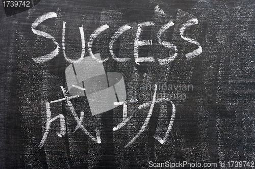 Image of Success - word written on a blackboard with a Chinese translation