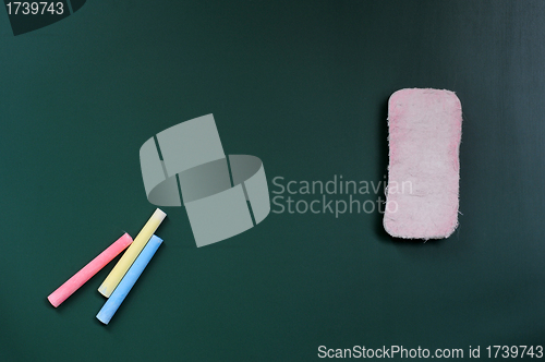 Image of Blank blackboard with eraser and chalk