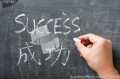 Image of Success - word written on a blackboard with a Chinese translation