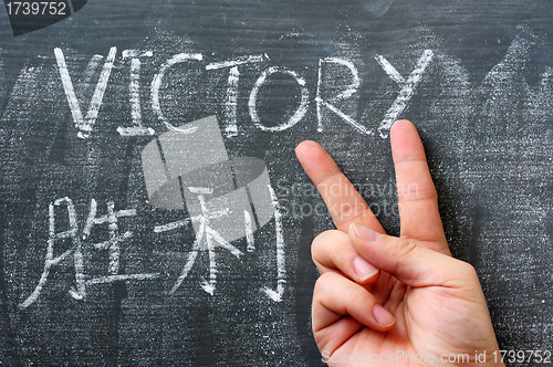 Image of Victory - word written on a blackboard with a Chinese translation