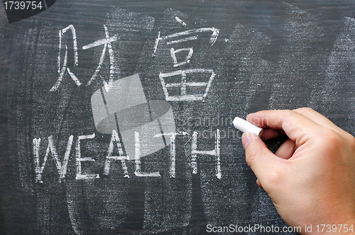 Image of Wealth - word written on a blackboard with a Chinese version