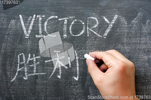Image of Victory - word written on a blackboard with a Chinese translation