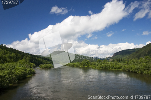 Image of  A river landscape with clouds.