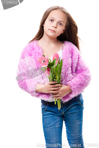 Image of beautiful  little girl with bouquet of pink tulips isolated on white