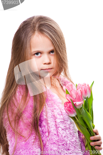 Image of beautiful  little girl with bouquet of pink tulips isolated on white