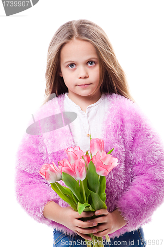 Image of beautiful  little girl with bouquet of pink tulips isolated on white