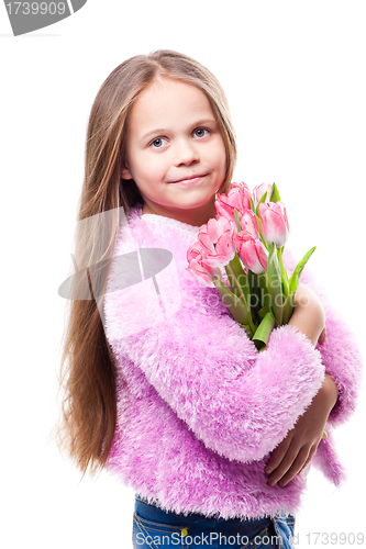 Image of beautiful  little girl with bouquet of pink tulips isolated on white