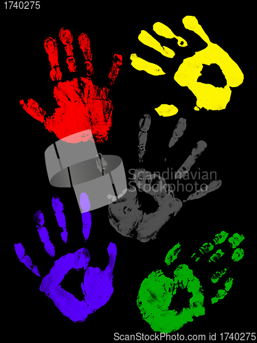 Image of Colorful handprints on a black background