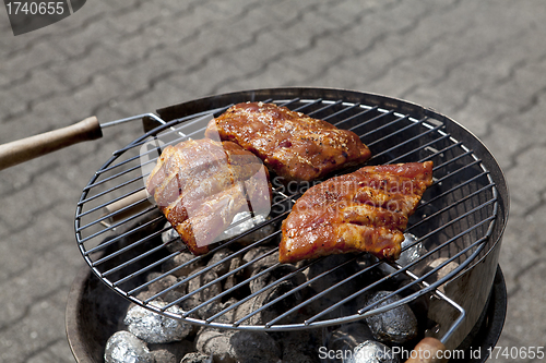 Image of barbecue grill wiht meat outside in summer