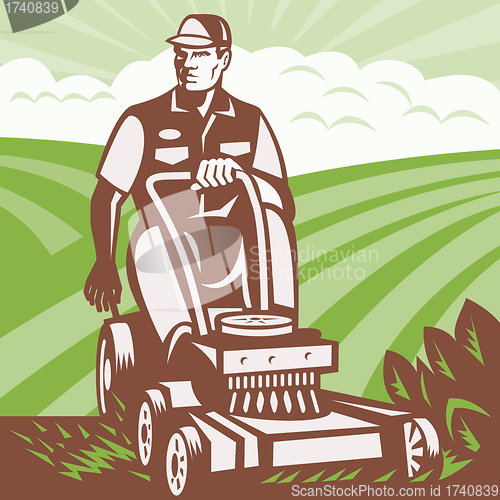 Image of Gardener Landscaper Riding Lawn Mower Retro