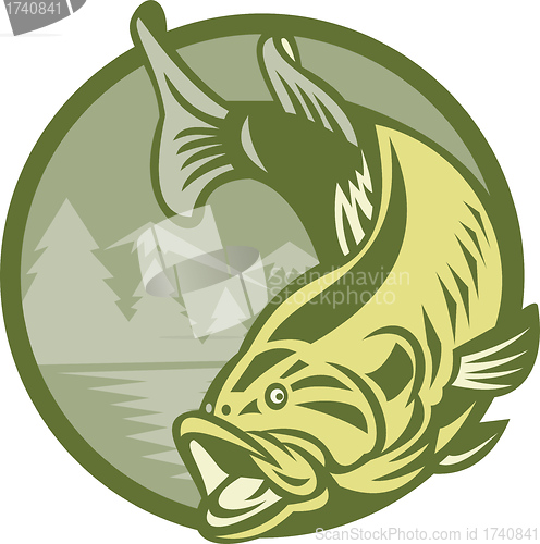 Image of Largemouth Bass Fish Jumping Retro