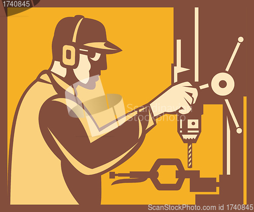 Image of Factory Worker Operator With Drill Press Retro