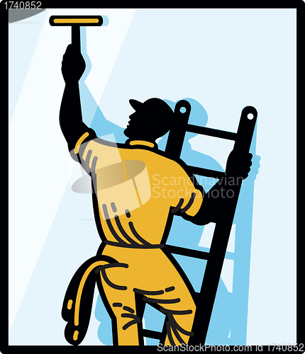 Image of Window Cleaner Worker Cleaning Ladder Retro