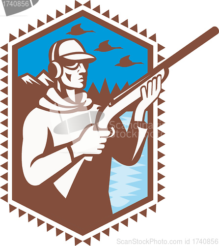 Image of Hunter With Shotgun Rifle Duck Shooting Retro