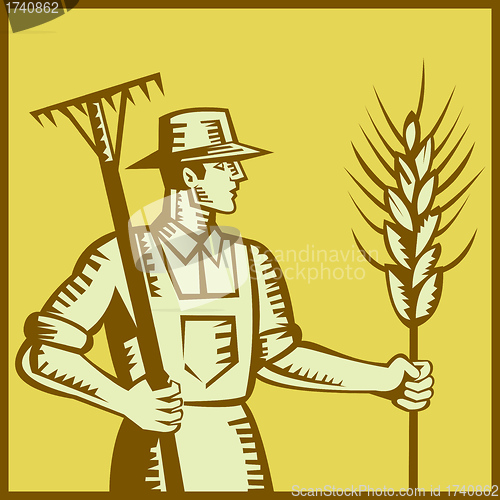 Image of Farmer With Rake and Wheat Woodcut