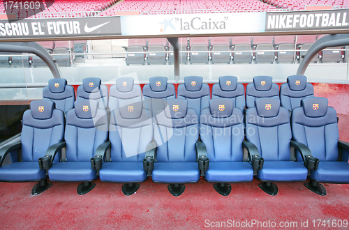 Image of BARCELONA, SPAIN - APRIL 26: Players seats of Barcelona FC in Ca