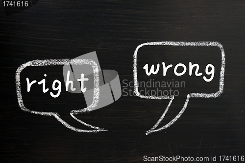 Image of Two speech bubbles for right and wrong on a blackboard