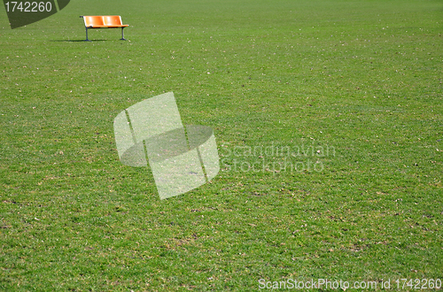 Image of Orange bench on lawn