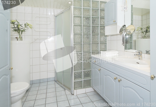 Image of Bathroom in light blue and white