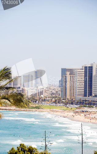 Image of skyline Tel Aviv Israel beach with high rise hotels offices Asia