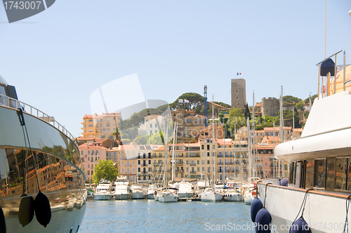 Image of  Old City between two yachts Cannes French Riviera Cote d'Azur  