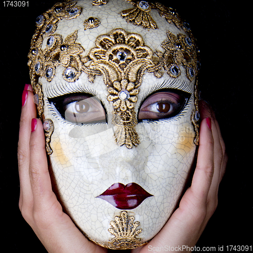 Image of Woman wearing a beautiful carnival mask