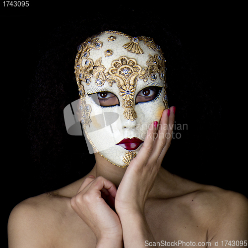 Image of Portrait of a a woman wearing a beautiful carnival mask