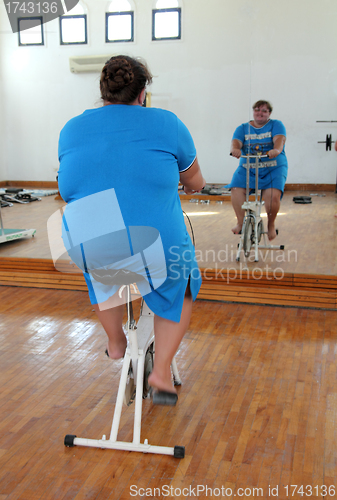 Image of overweight woman exercising on bike