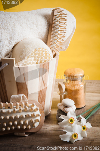 Image of Set of spa accessories on wooden background 