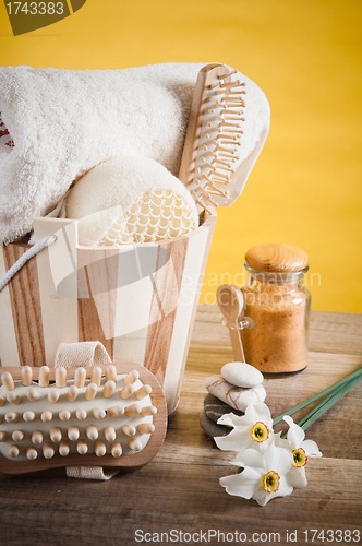 Image of Set of spa accessories on wooden background 