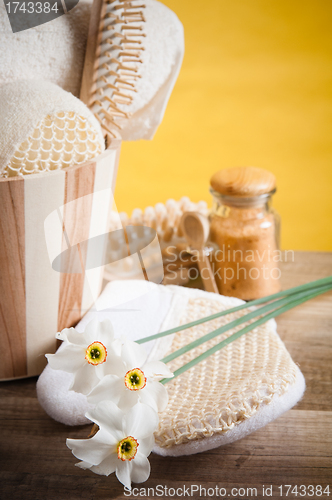Image of Set of spa accessories on wooden background 