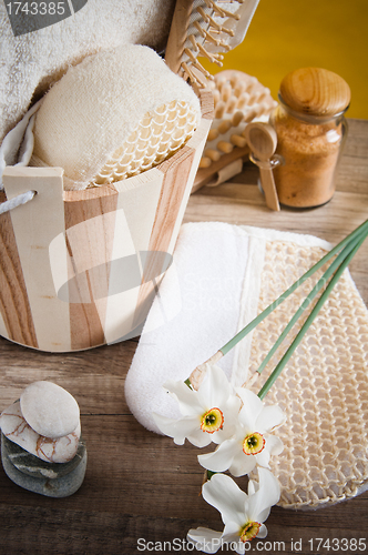 Image of Set of spa accessories on wooden background 