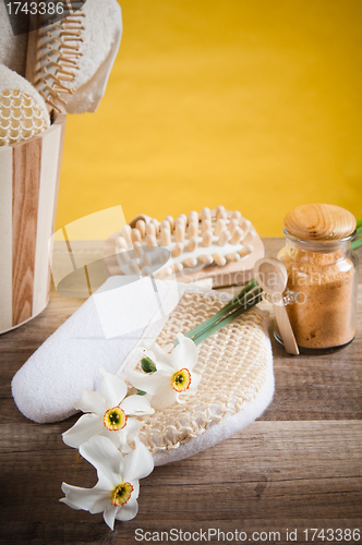 Image of Set of spa accessories on wooden background 