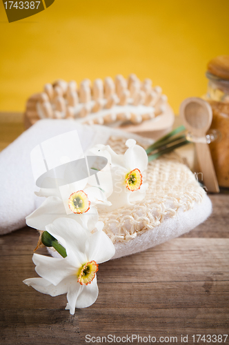 Image of Set of spa accessories on wooden background 