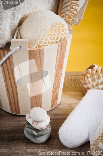 Image of Set of spa accessories on wooden background 