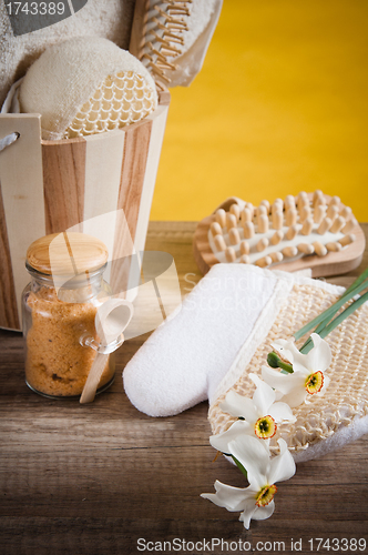 Image of Set of spa accessories on wooden background 