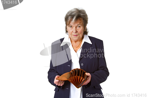 Image of Female senior showing empty wallet