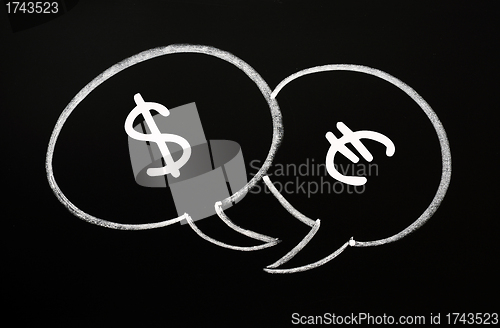 Image of Two speech bubbles for Dollar and Euro dialogue on a blackboard