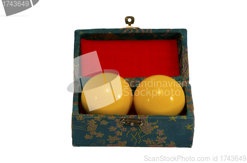 Image of Yellow pool balls in vintage retro box isolated 