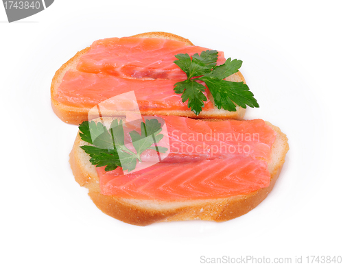 Image of Sandwiches with red fish jn a white background