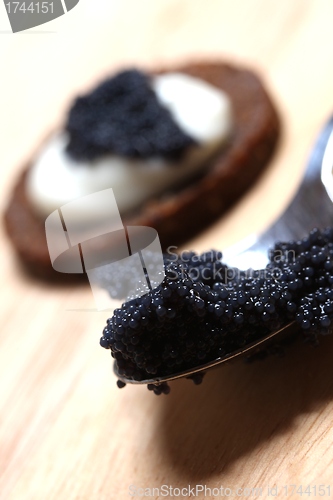 Image of a spoon filled with caviar 