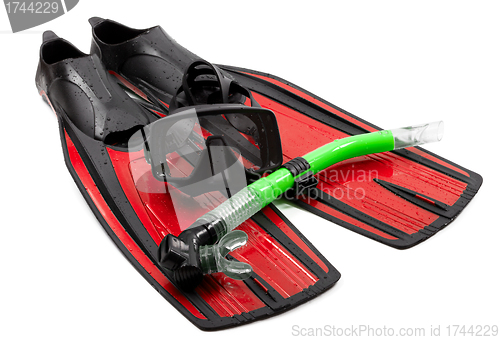 Image of Mask, snorkel and flippers on white background.