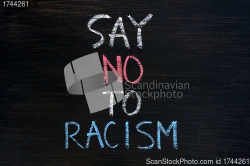 Image of Say no to racism written on a smudged blackboard background