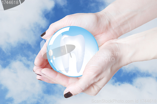 Image of hands holding tooth in glass sphere, dentistry  