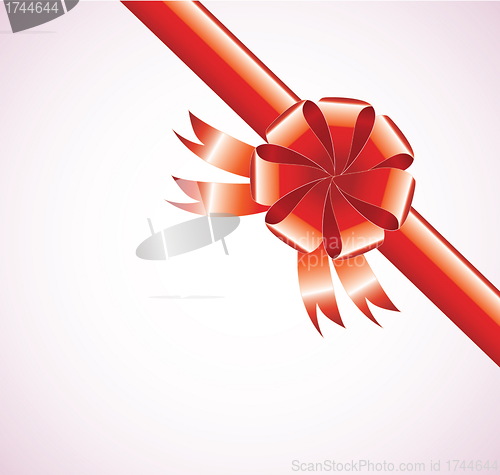 Image of red realistic bow with a ribbon, greeting background 