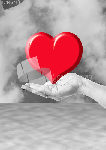 Image of hand holding red heart, love or medical concept on black white background