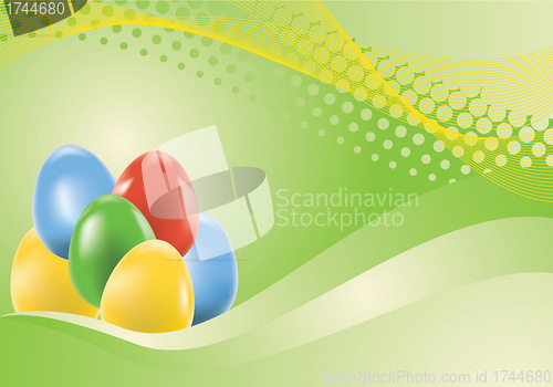 Image of Colored easter eggs on green background  