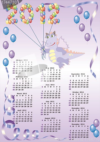 Image of calendar 2012  with cartoon dragon and balloons in vector 