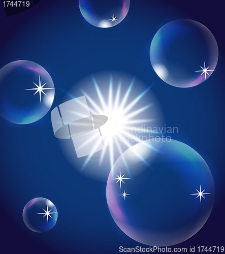 Image of sun in blue sky with bubbles, illustration