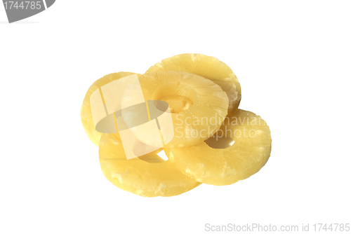 Image of yellow canned pineapple rings, vegetarian food  